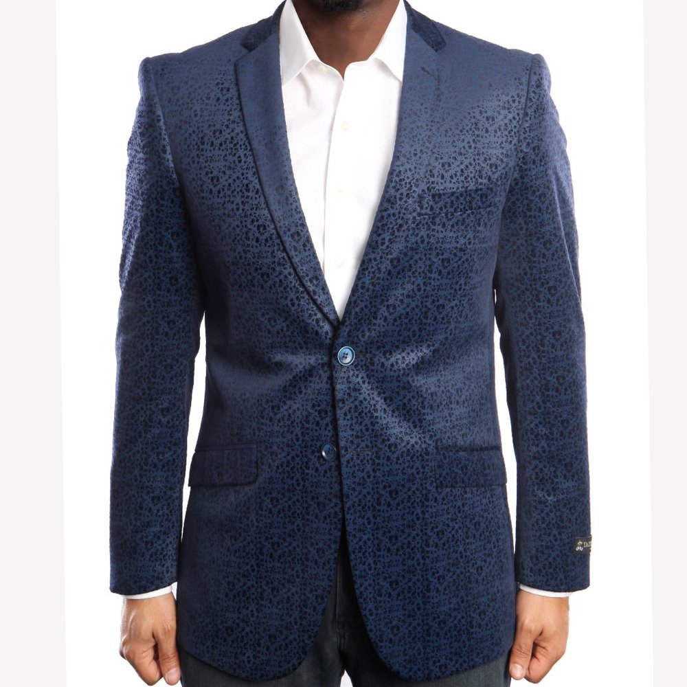 Modern Navy Patterned Single-Breasted Sport Coat Blazer